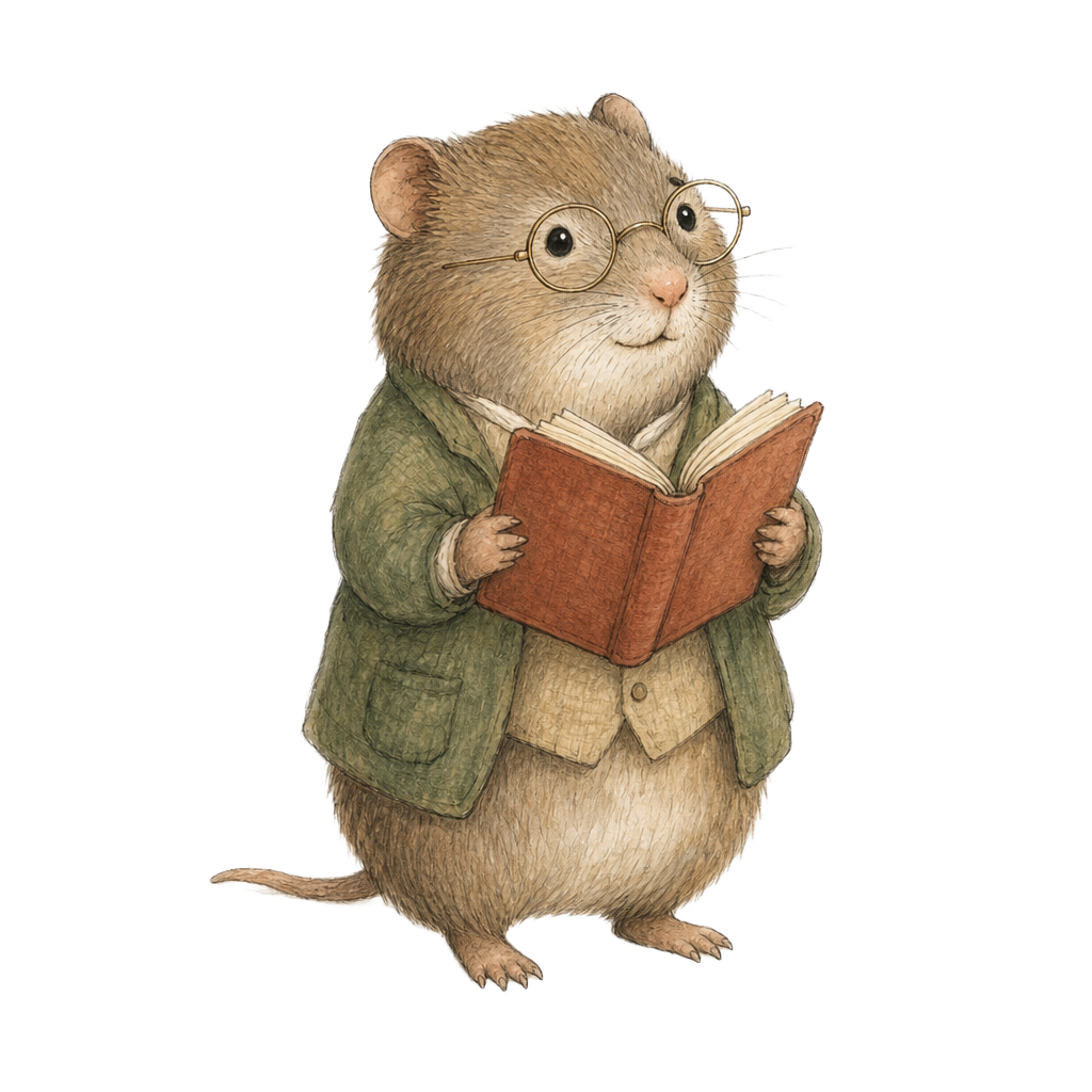 Voleio mascot: a vole in round spectacles reading a book